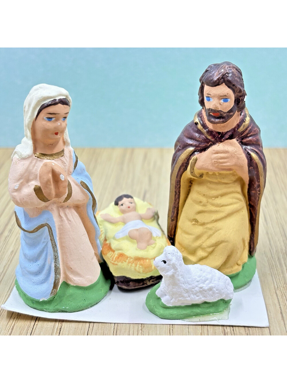Vintage Chalkware Nativity Holy Family Mary, Joseph, Jesus & Lamb - hand painted